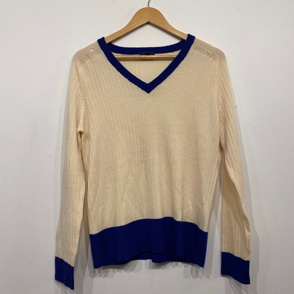 Faconnable Womens XL V-Neck Ribbed Cotton Sweater Cream Blue Colorblock France